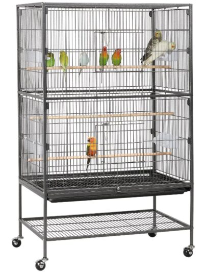 Large Rolling Bird Cage with 3 Perches, 4 Feeders, and Extra Storage Shelf,